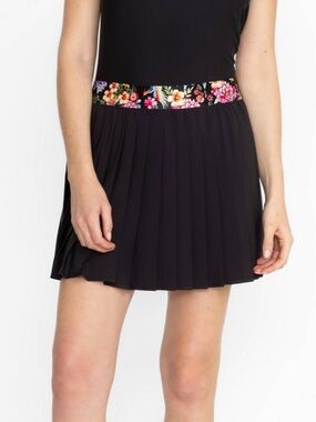 Johnny Was size Small Black Pleated Mini Skirt with Floral Waistband
